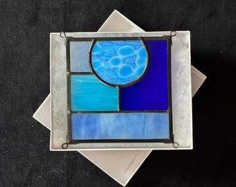 Small Blue Abstract Stained Glass Square | 5" x 5" - Gifted Boxed