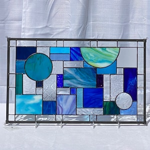 Blue Geometric Stained Glass Panel 12.5 x 20.5 inches – Modern Privacy Art
