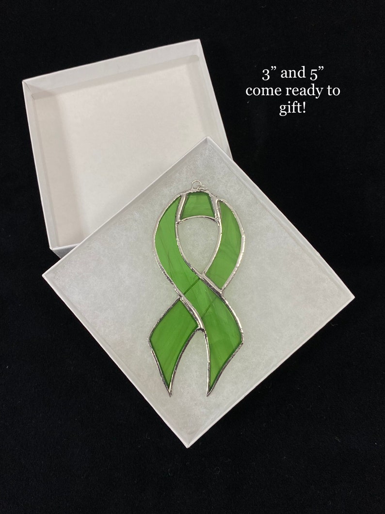 Green Awareness Ribbon Stained Glass Ornament Kidney Cancer Organ Donation Leukemia Mental Health 3 sizes image 5