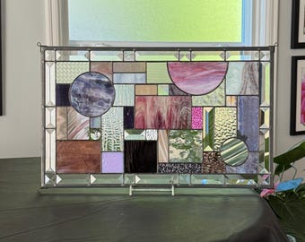 Purple Pink Geometric Stained Glass Panel | Modern Abstract Window Hanging | Contemporary Suncatcher with Beveled and Dichroic Glass