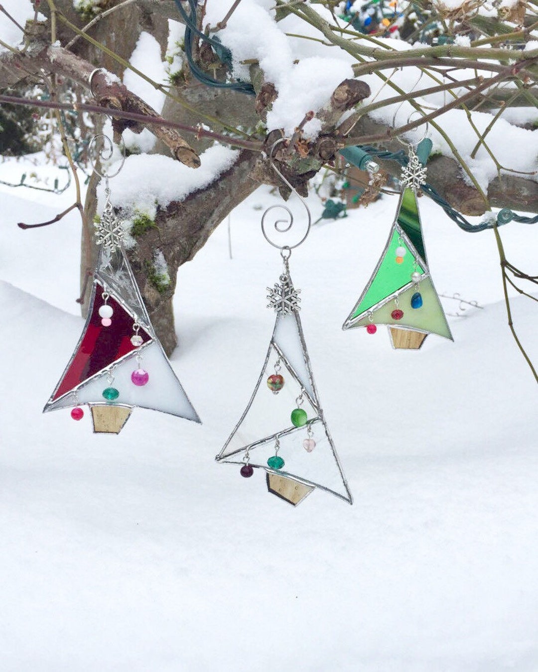 Abstract Stained Glass Christmas Tree Ornament | Gift Boxed | Green Red ...