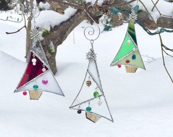 Abstract Stained Glass Christmas Tree Ornament | Gift Boxed | Green Red or White