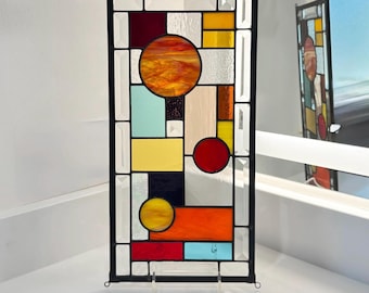 Warm Geometric Stained Glass Panel, Yellow Red Orange Window Art, 8.5 x 16.5 Inch