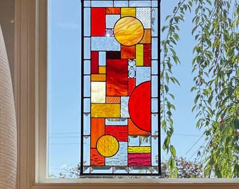 Handcrafted Abstract Stained Glass Suncatcher | Red Orange Yellow Warm Tones | 10.5" x 24"