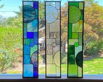 Abstract Color Block Side Light Stained Glass Suncatcher Window Display 5" x 24" - Blue, Green, Clear Transom Side Light Doorway windows