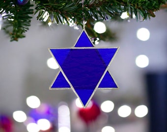 Handmade Stained Glass Star of David – 3 Inch Ornament for Hanukkah Tree or Display - Cobalt Blue and White