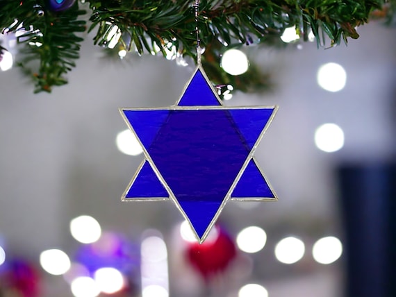 Handmade Stained Glass Star of David – 3 Inch Ornament for Hanukkah Tree or Display - Cobalt Blue and White
