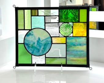 Abstract Stained Glass Panel – Handmade Geometric Window Art in Green with Spiral Glass Jewel