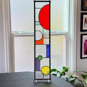 Modern Geometric Stained Glass Window Panel – 5x24 Abstract Suncatcher – Handmade Colorful Privacy Glass Art
