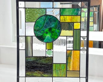 Modern Green Stained Glass Window, Nature Inspired Art Glass Panel