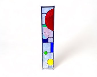 Mid Century Modern Bright Color Block Abstract Stained Glass Suncatcher Window Display 5" x 24" Transom Window, Side Light Door Way