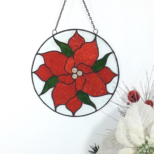 Red Christmas Poinsettia Flower Stained Glass Window or Wall Decoration for Holidays