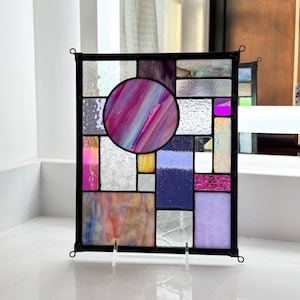 Abstract Stained Glass Panel – Handmade Geometric Window Art, Purple & Dichroic Glass Home Décor