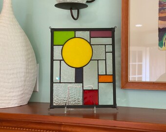 Clear Bold Color Abstract Stained Glass Privacy Window Suncatcher 8.5" x 10.5" Mid-century Primary colors: Red, Yellow, Green, Blue, Purple