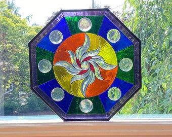 Rainbow Octagonal Stained Glass Window 24 inches – Abstract Panel, Handcrafted