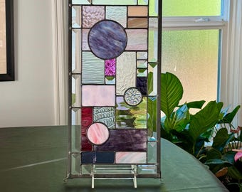 Purple Stained Glass Panel, Geometric Window Art, 8.5 x 16.5 Inch