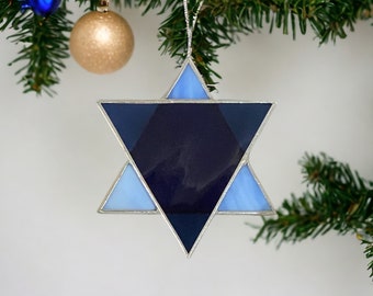 Stained Glass Star of David Ornament – 3 Inch Judaica Holiday Gift, Handmade Glass Art Blue and White