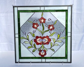 Stained Glass Window - Abstract Flowers - 16” x 16” - Decoration, Red, White, Green with Jewels.