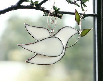 White Peace Dove Stained Glass Ornament | 3" x 3" - Gifted Boxed