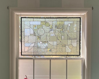 Large Stained Glass Privacy Window with Clear Textured and Beveled Glass - 21" x 33” Abstract Interior Design Wall Decor Home Design