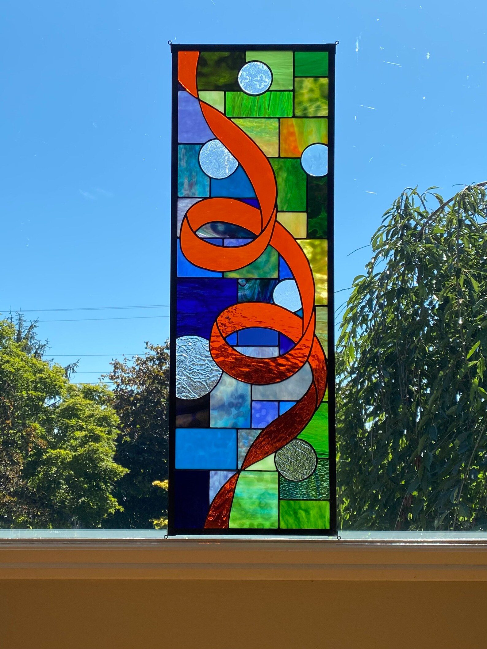 Abstract Stained Glass Window Blue Green Orange 12 X 36 One Etsy