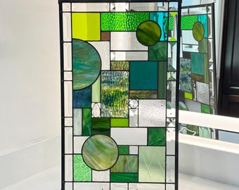Abstract Green Stained Glass Panel 12.5 x 20.5 inches Handcrafted, MCM, Unique