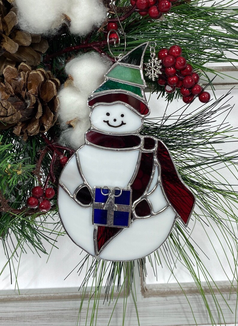 Stained Glass Snowman Christmas Tree Ornament Whimsical Etsy