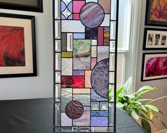 Handcrafted Abstract Stained Glass Suncatcher | Purple Pink Clear with Gold accents | 10.5" x 24"