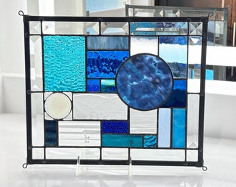 Blue Abstract Stained Glass Panel, Geometric Window Art, Handmade Modern Glass Decor