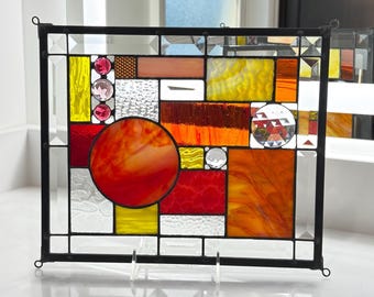 Abstract Stained Glass Panel in Warm Colors, Red Orange Yellow Modern Window Art