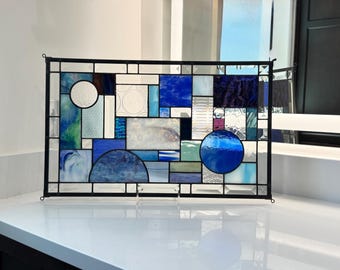 Abstract Blue Stained Glass Panel 12.5 x 20.5 inches Handcrafted, One of a Kind