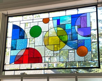 Large 21 x 33 inches Stained Glass Window Multicolor – Handcrafted Privacy Panel