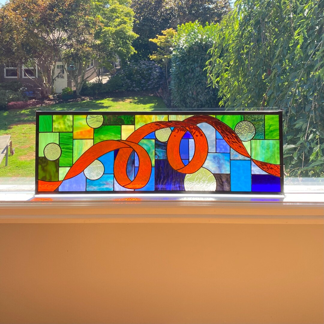 Abstract Stained Glass Window Blue Green Orange 12 X 36 One of a Kind