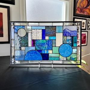 Abstract Blue Stained Glass Panel 12.5 x 20.5 inches Handcrafted