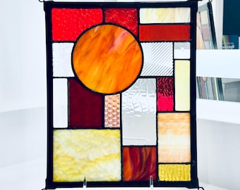 Abstract Stained Glass Panel – Handmade Geometric Window Art in Yellow, Red & Orange