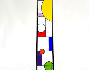 Abstract Stained Glass Suncatcher Window Display 5" x 24" - Yellow Red Blue Green Purple - Contemporary Modern Glass Art - Transom Window