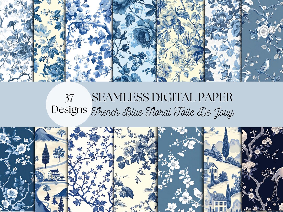 French Blue Floral Toile De Jouy Digital Paper, Scrapbook Paper ...