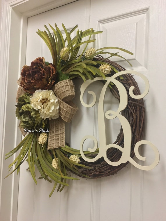 Neutral Front Door Wreath Fall Wreath Monogram Wreath Front Door Decor Neutral Tone Wreath