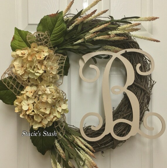 Front Door Wreath Neutral Wreath All Year Wreath Monogram Etsy