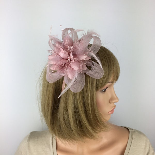 Blush Pink Fascinator Blush Pink Dusky Pink Flower Feather Headband Fascinator Headpiece Wedding Races Hairband Floral Hair Accessory