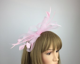 Light Pink Feather Fascinator, Wedding Ascot Headband