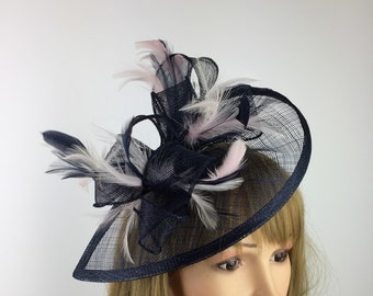 Navy Blue & Pale Dusky Pink Feather Fascinator Hat Teardrop Wedding Guest Ascot Hatinator Headpiece Headband Races Dark Navy Blue