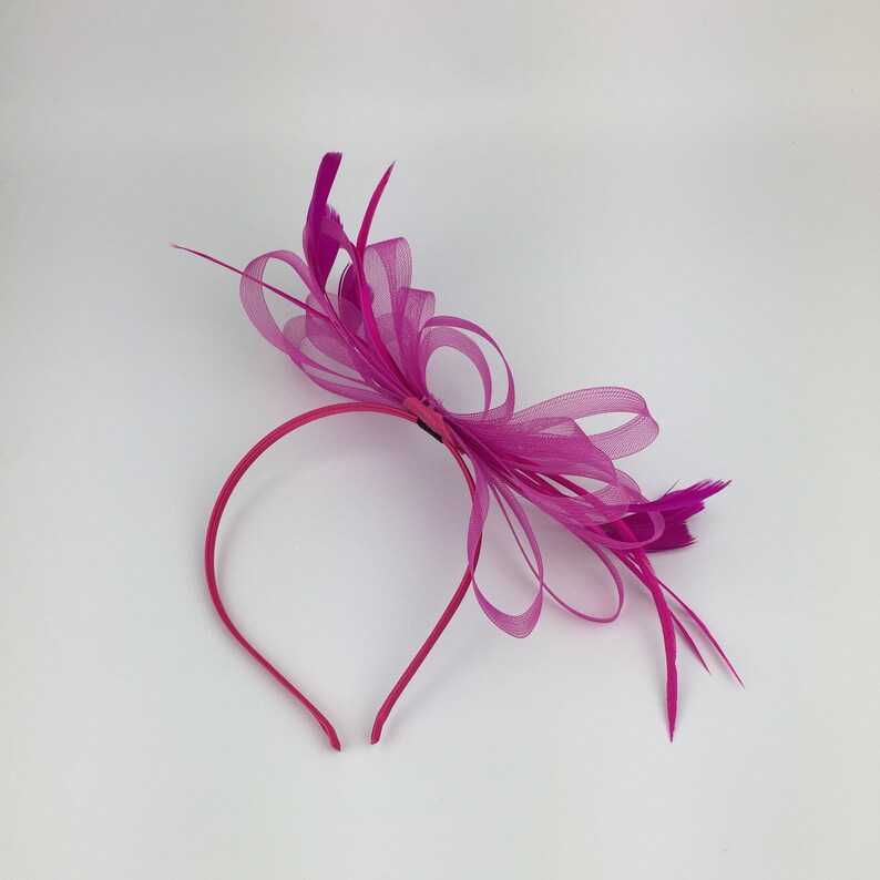 May include: A pink headband with a large pink bow and feathers.