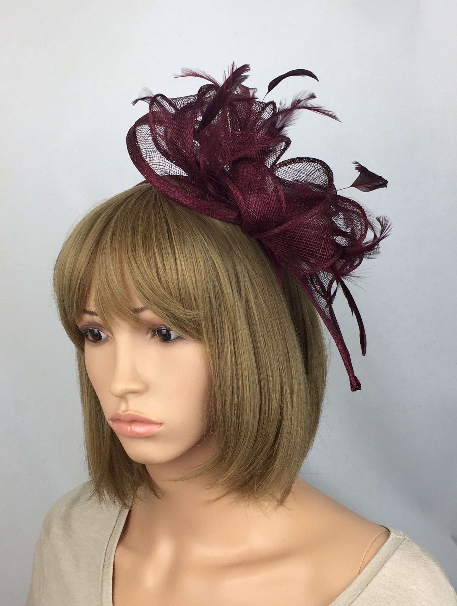 Dark Burgundy Fascinator on Clip Maroon 