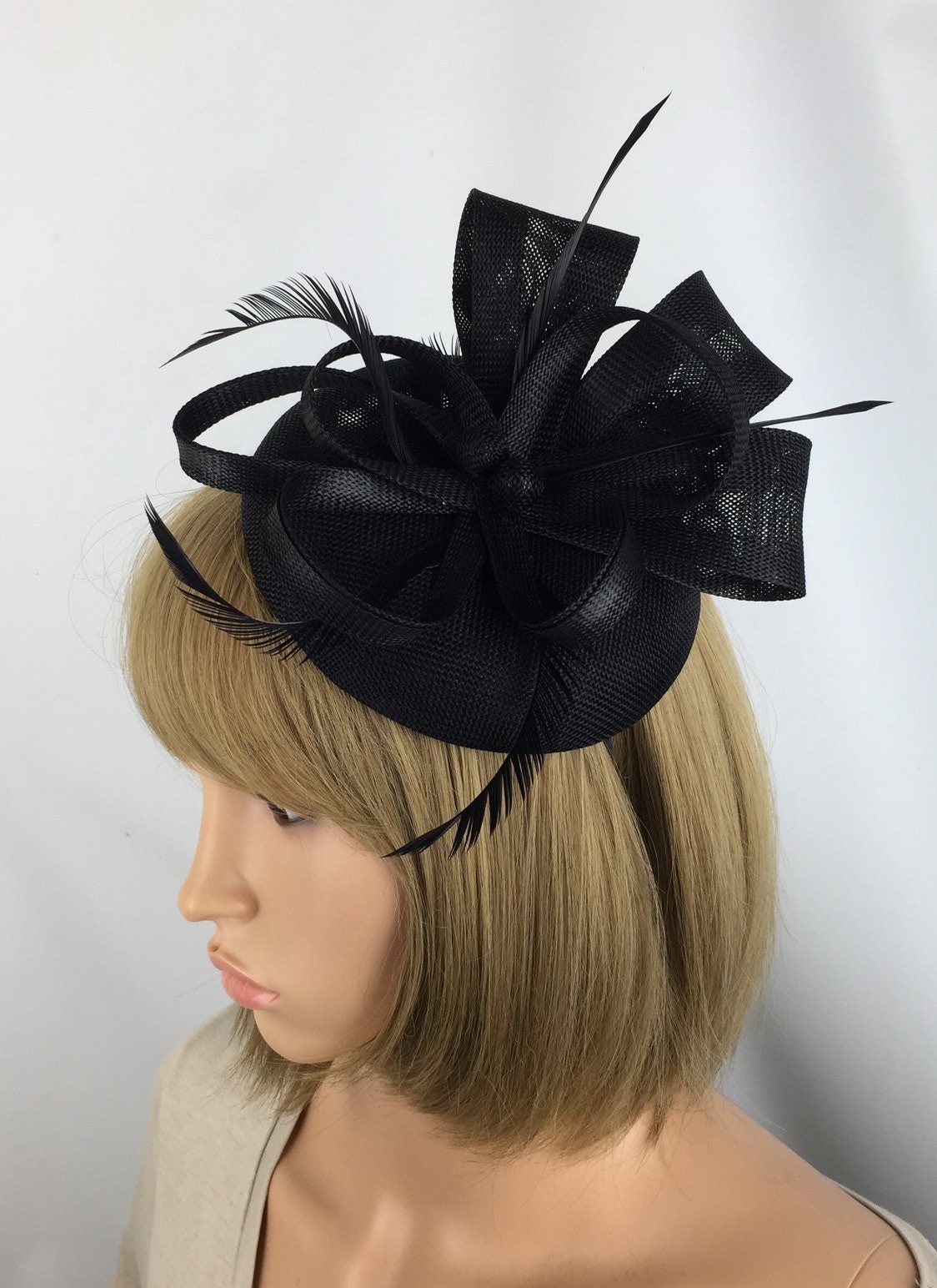 Round Black Pillbox Bow Sinamay Headband Funeral Fascinator Etsy