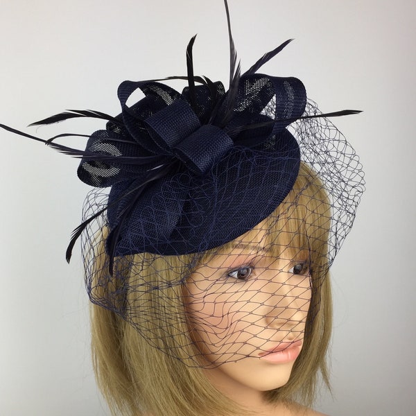 Navy Blue Fascinator Wedding Hat Occasion Mother of the Bride Groom Ascot Ladies Day Birdcage Veil Navy Formal Hair Accessory Blue Hat