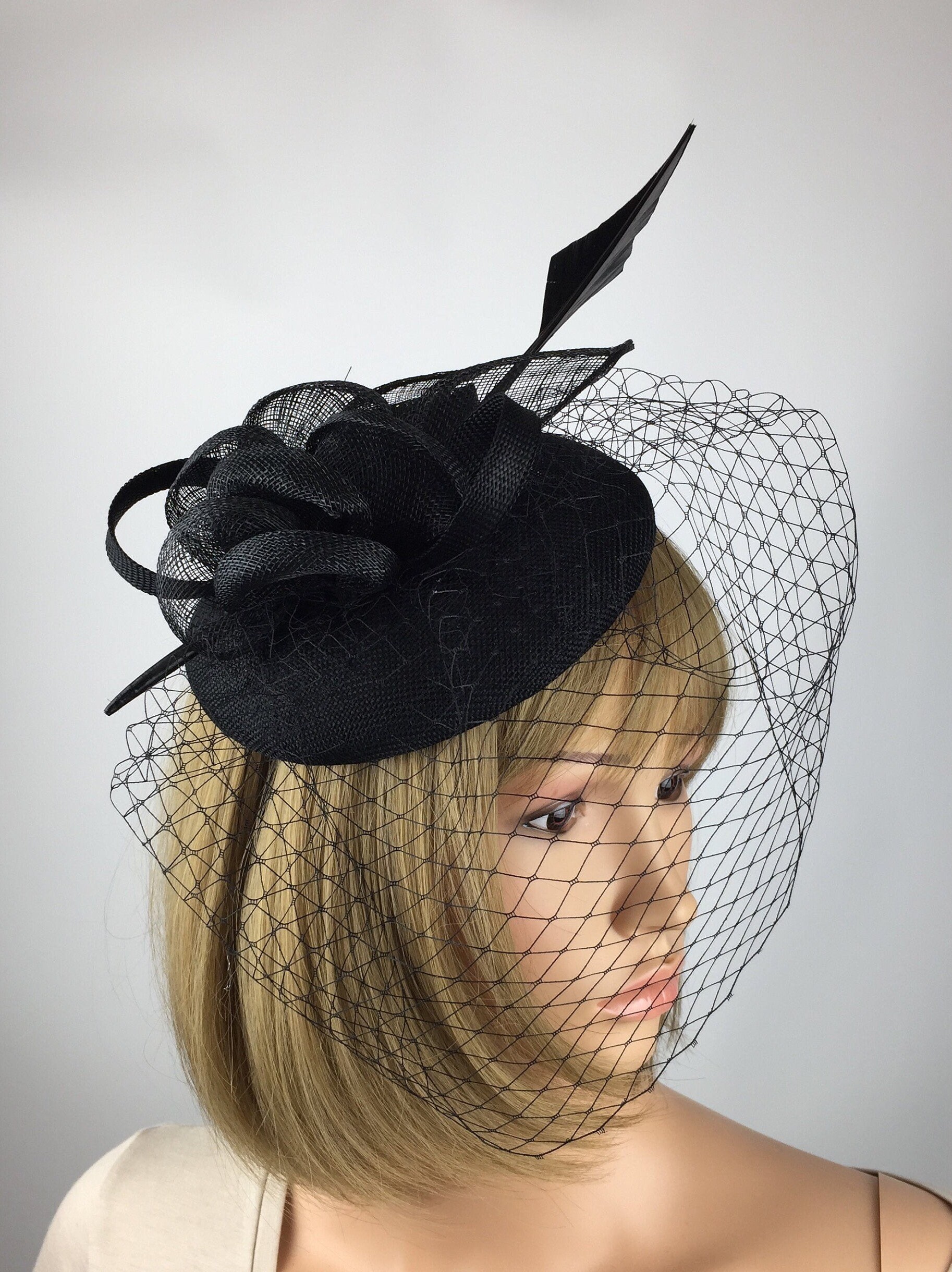 Black Fascinator on Clip Black Funeral Wedding Hat Mother of Etsy