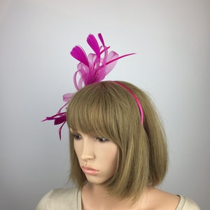 May include: A fuchsia pink headband with a matching feather and tulle flower accent.