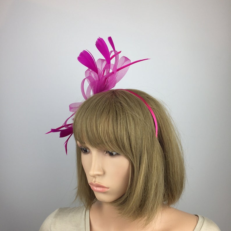 May include: A fuchsia pink headband with a matching feather and tulle flower accent.