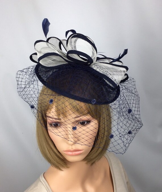 navy and white fascinator hat